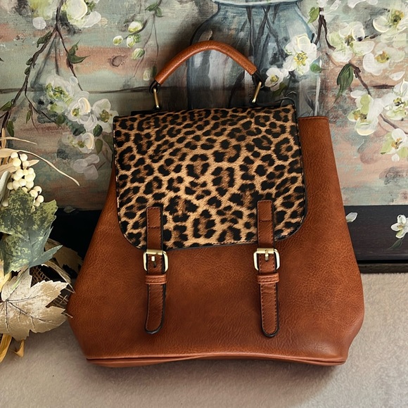 Convertible Brown/Cheetah Backpack Purse - Picture 1 of 13